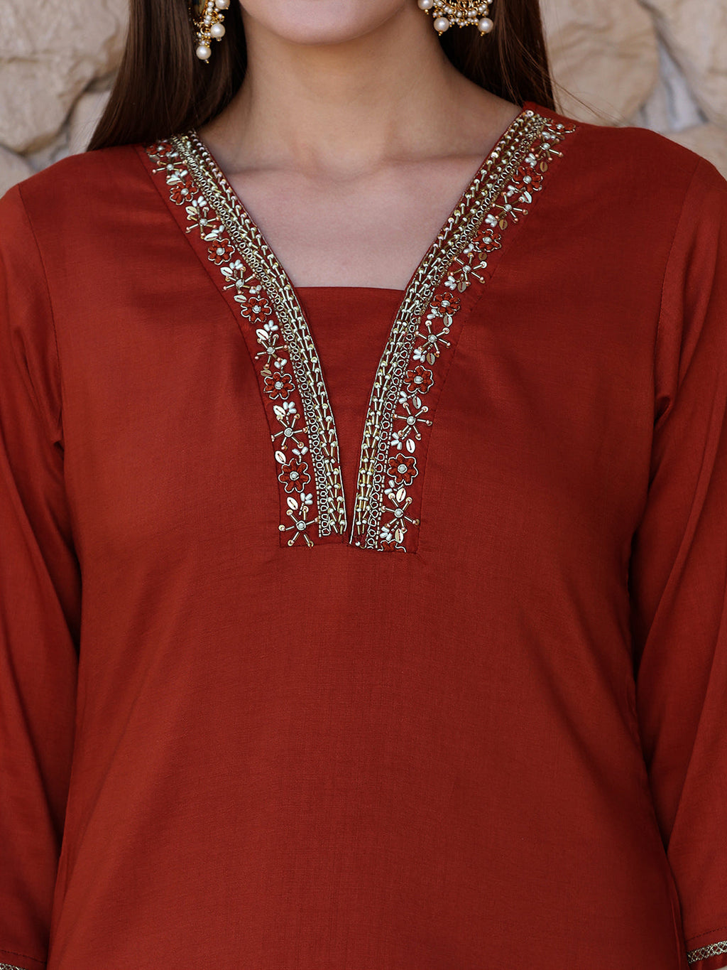 Hand Embroidered Kurta With Pant & Embroidered Dupatta, Rust - Hiral Fashion | Grocsy