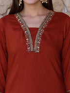 Hand Embroidered Kurta With Pant & Embroidered Dupatta, Rust - Hiral Fashion | Grocsy