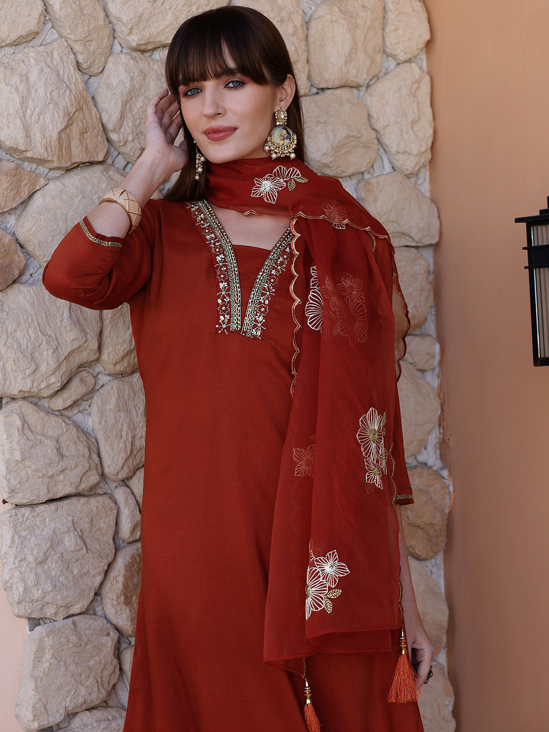 Hand Embroidered Kurta With Pant & Embroidered Dupatta, Rust - Hiral Fashion | Grocsy