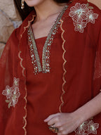 Hand Embroidered Kurta With Pant & Embroidered Dupatta, Rust - Hiral Fashion | Grocsy