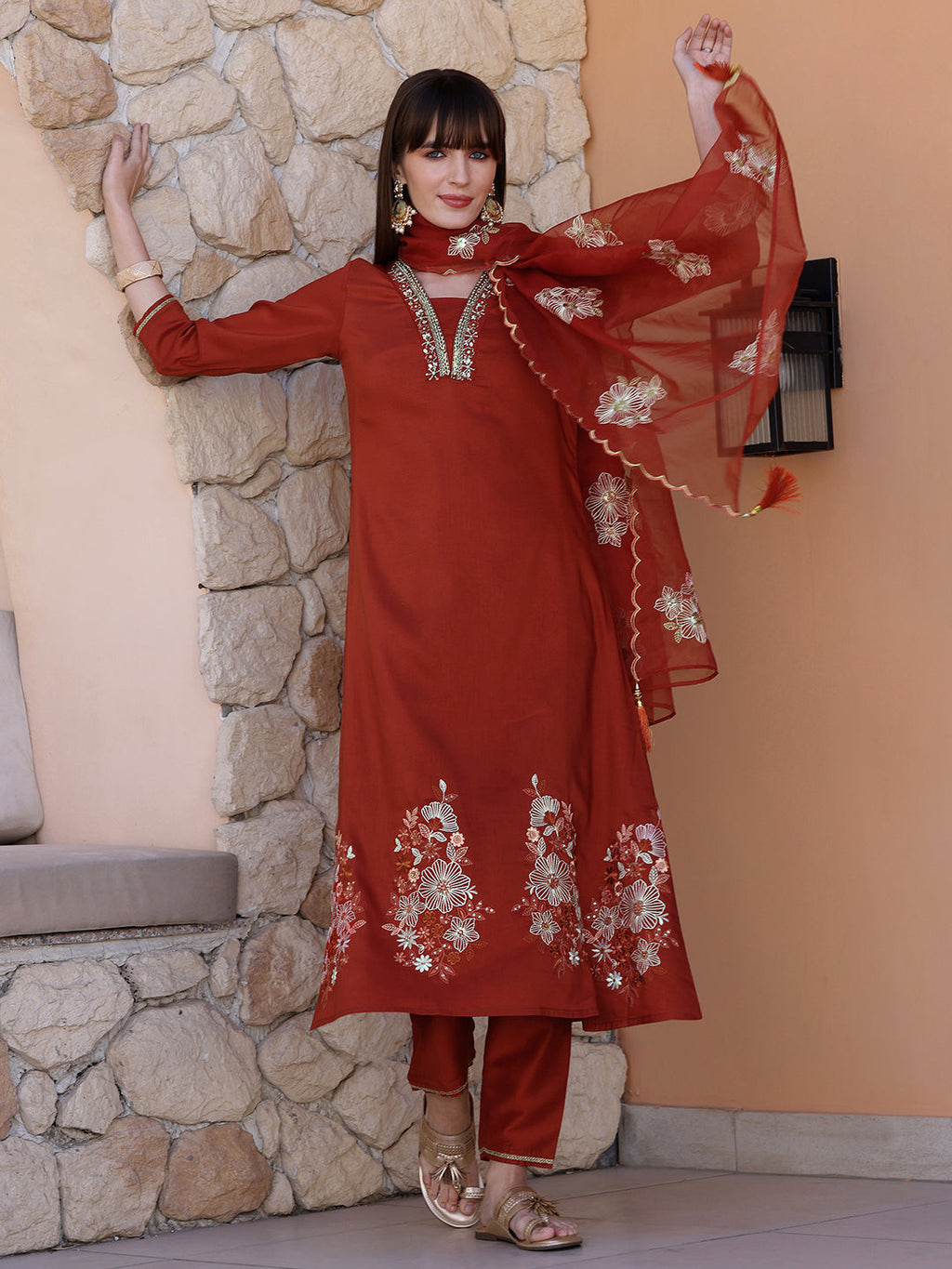 Hand Embroidered Kurta With Pant & Embroidered Dupatta, Rust - Hiral Fashion | Grocsy