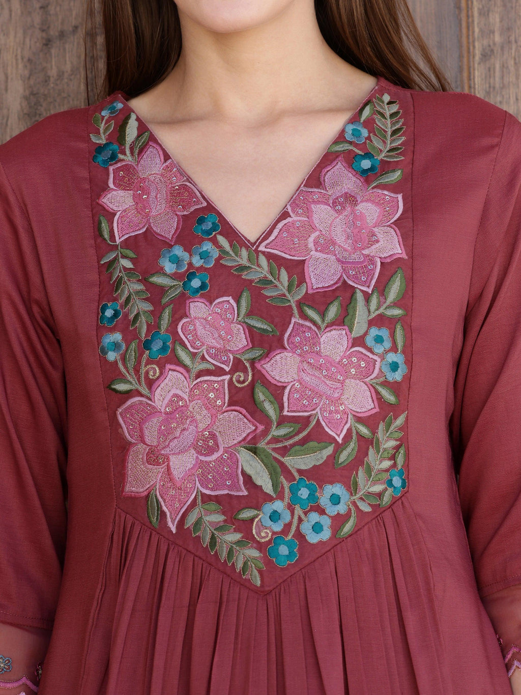 Aline Embroidered Kurta With Pant & Embroidered Dupatta, Rust - Hiral Fashion | Grocsy