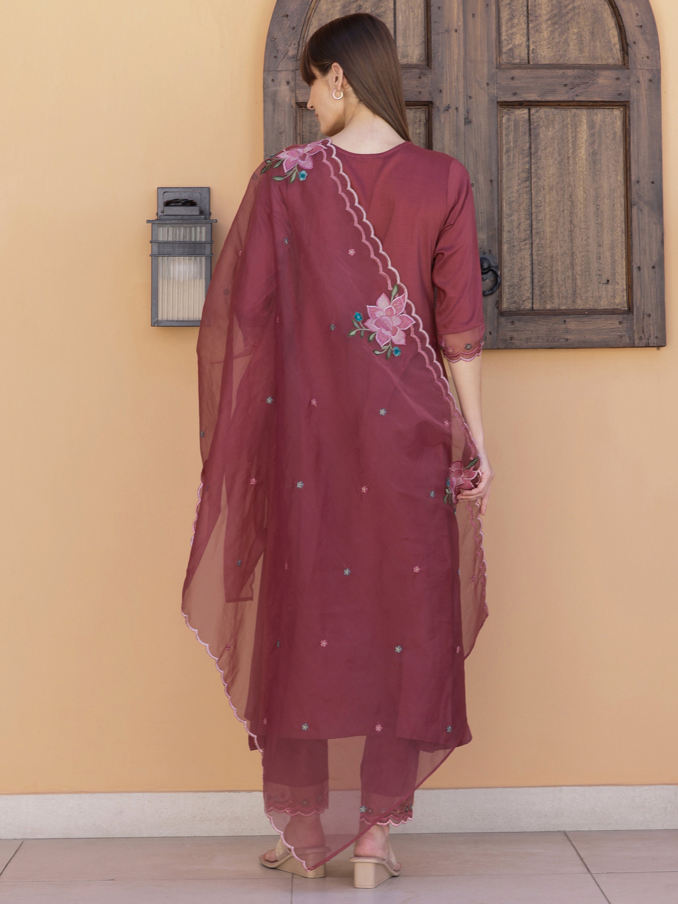 Aline Embroidered Kurta With Pant & Embroidered Dupatta, Rust - Hiral Fashion | Grocsy