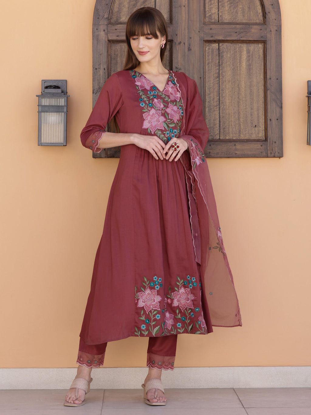 Aline Embroidered Kurta With Pant & Embroidered Dupatta, Rust - Hiral Fashion | Grocsy