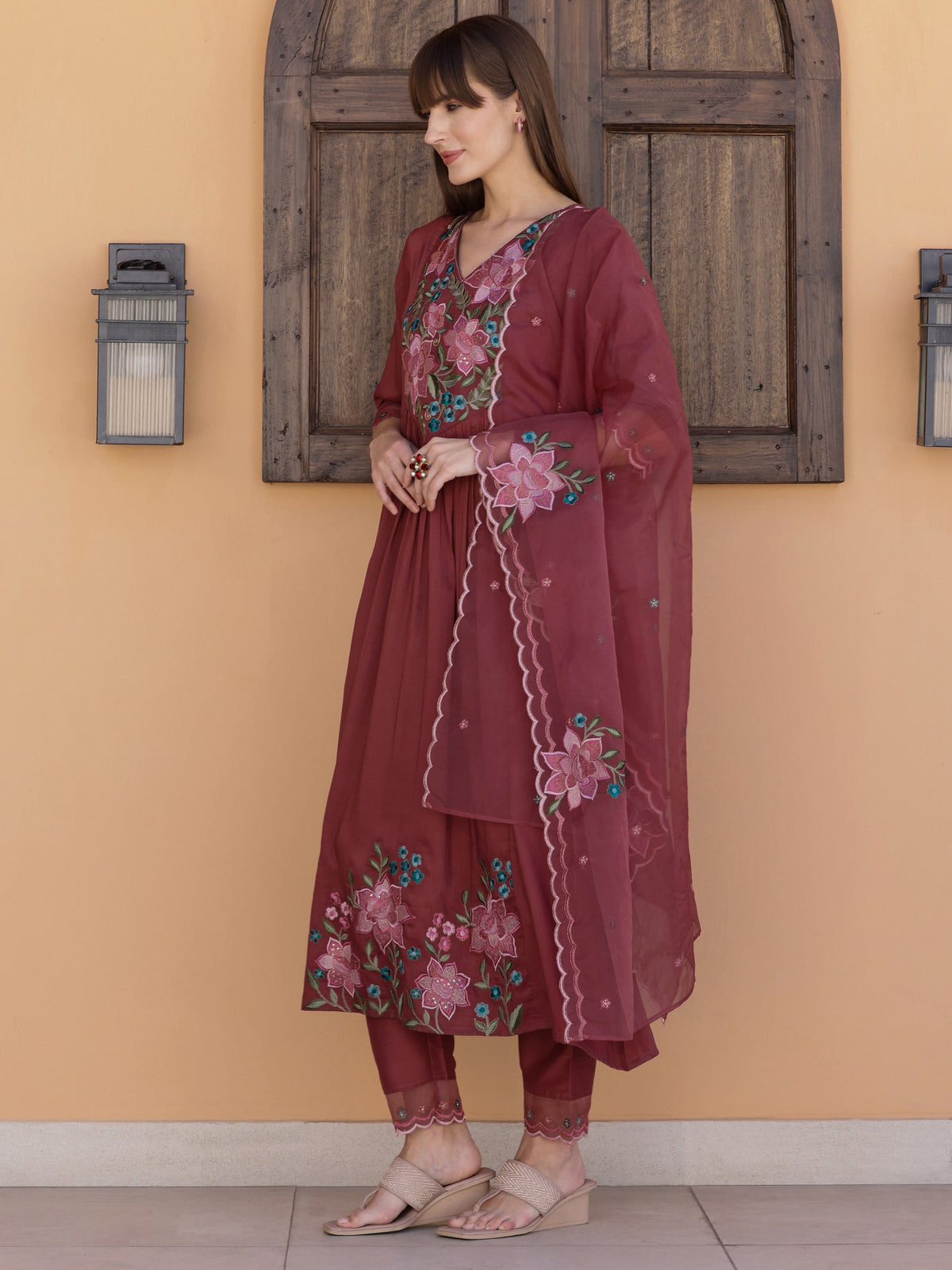 Aline Embroidered Kurta With Pant & Embroidered Dupatta, Rust - Hiral Fashion | Grocsy