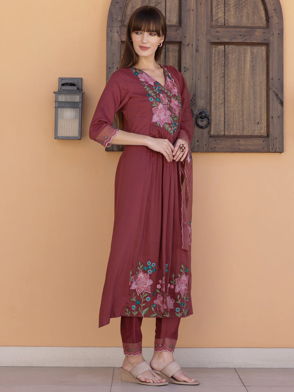 Aline Embroidered Kurta With Pant & Embroidered Dupatta, Rust - Hiral Fashion | Grocsy