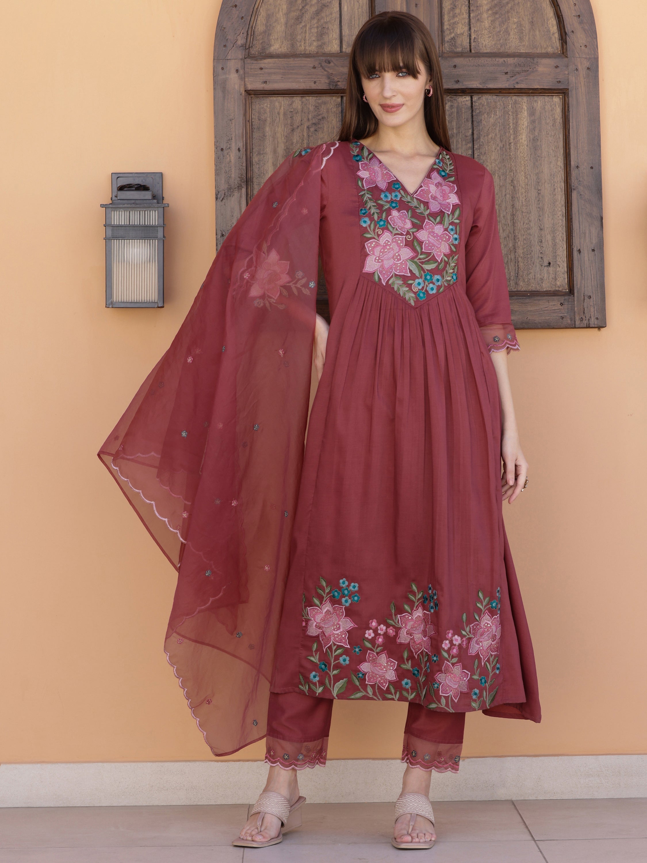 Aline Embroidered Kurta With Pant & Embroidered Dupatta, Rust - Hiral Fashion | Grocsy