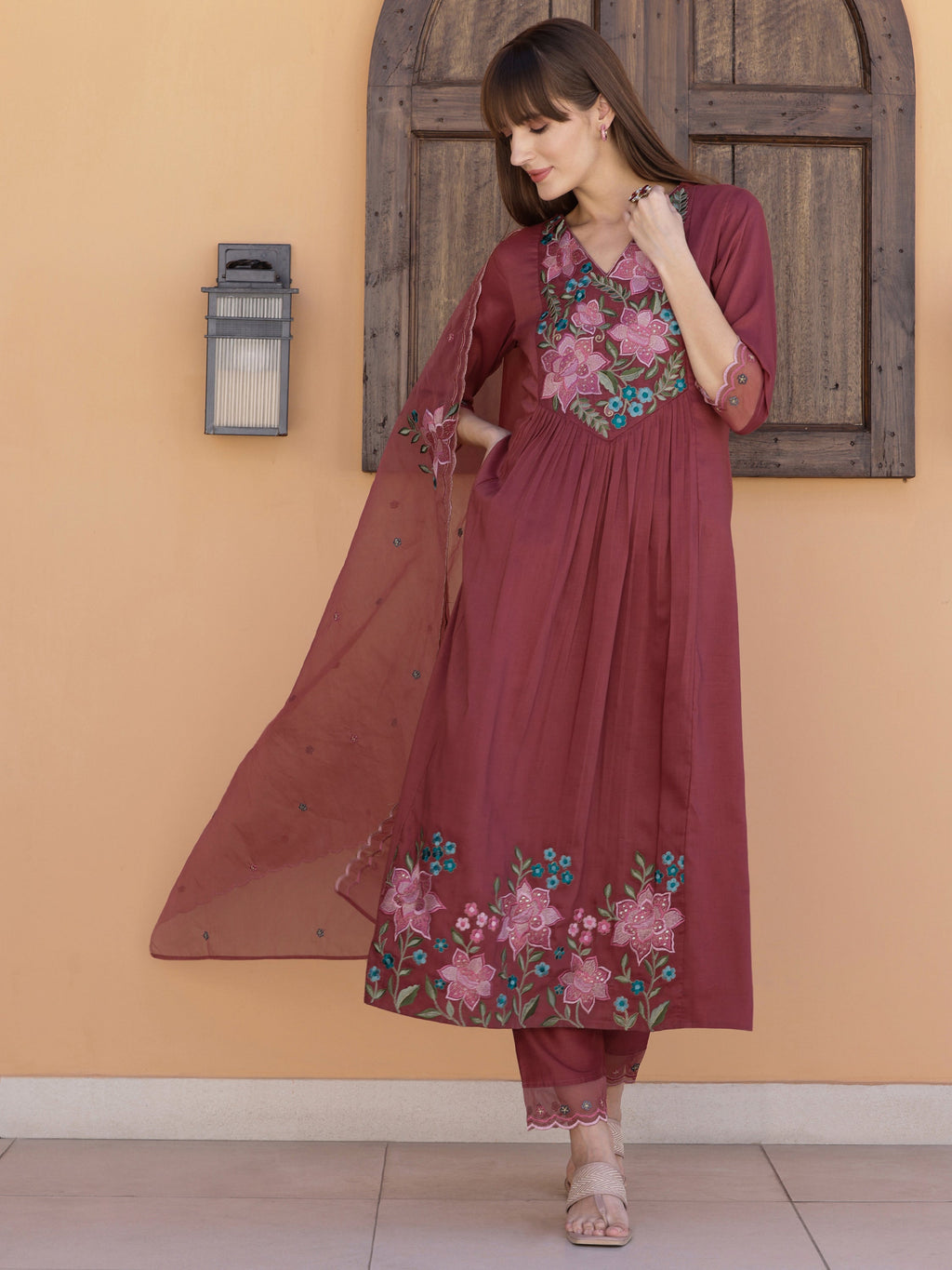 Aline Embroidered Kurta With Pant & Embroidered Dupatta, Rust - Hiral Fashion | Grocsy