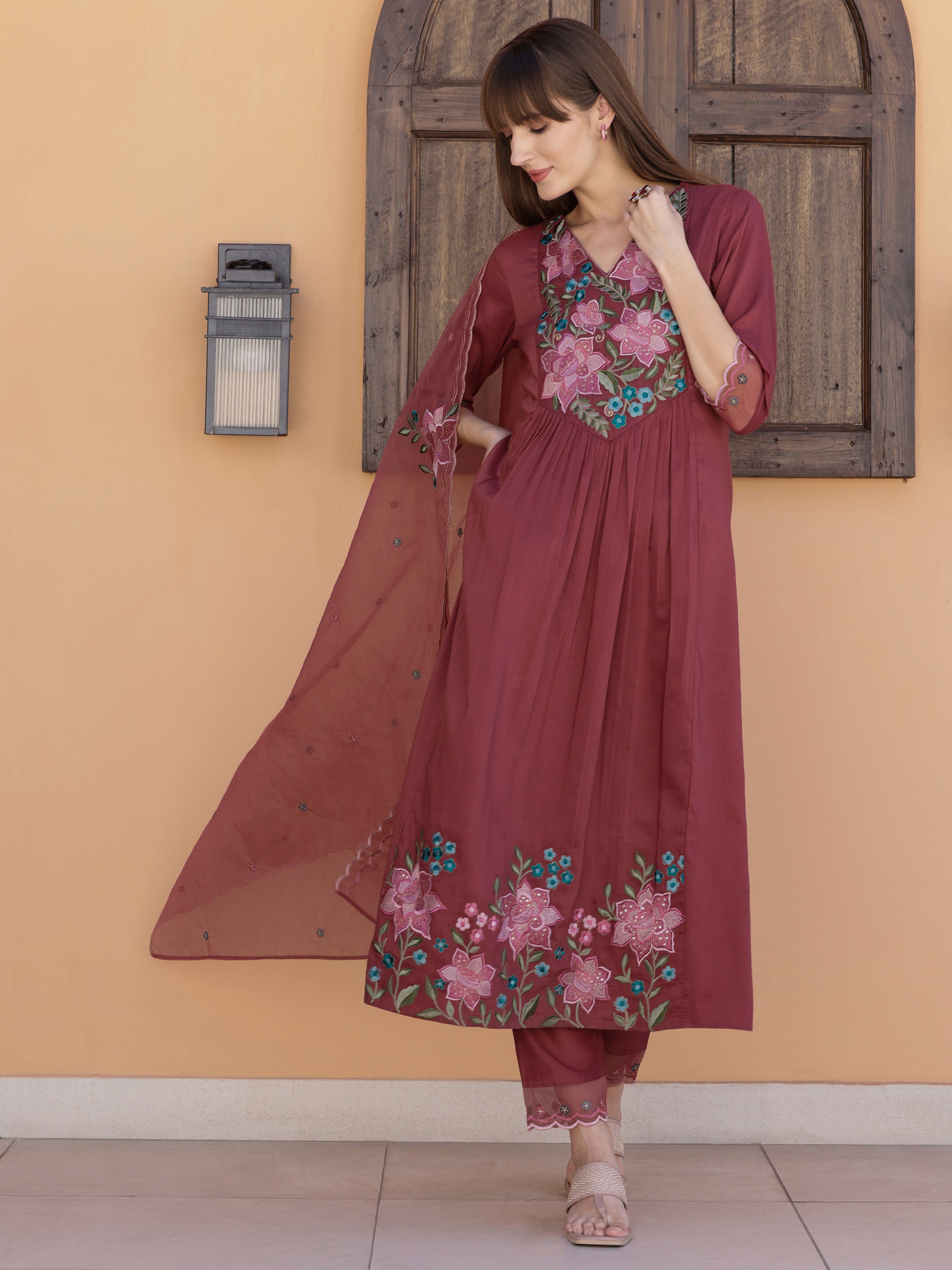 Aline Embroidered Kurta With Pant & Embroidered Dupatta, Rust - Hiral Fashion | Grocsy