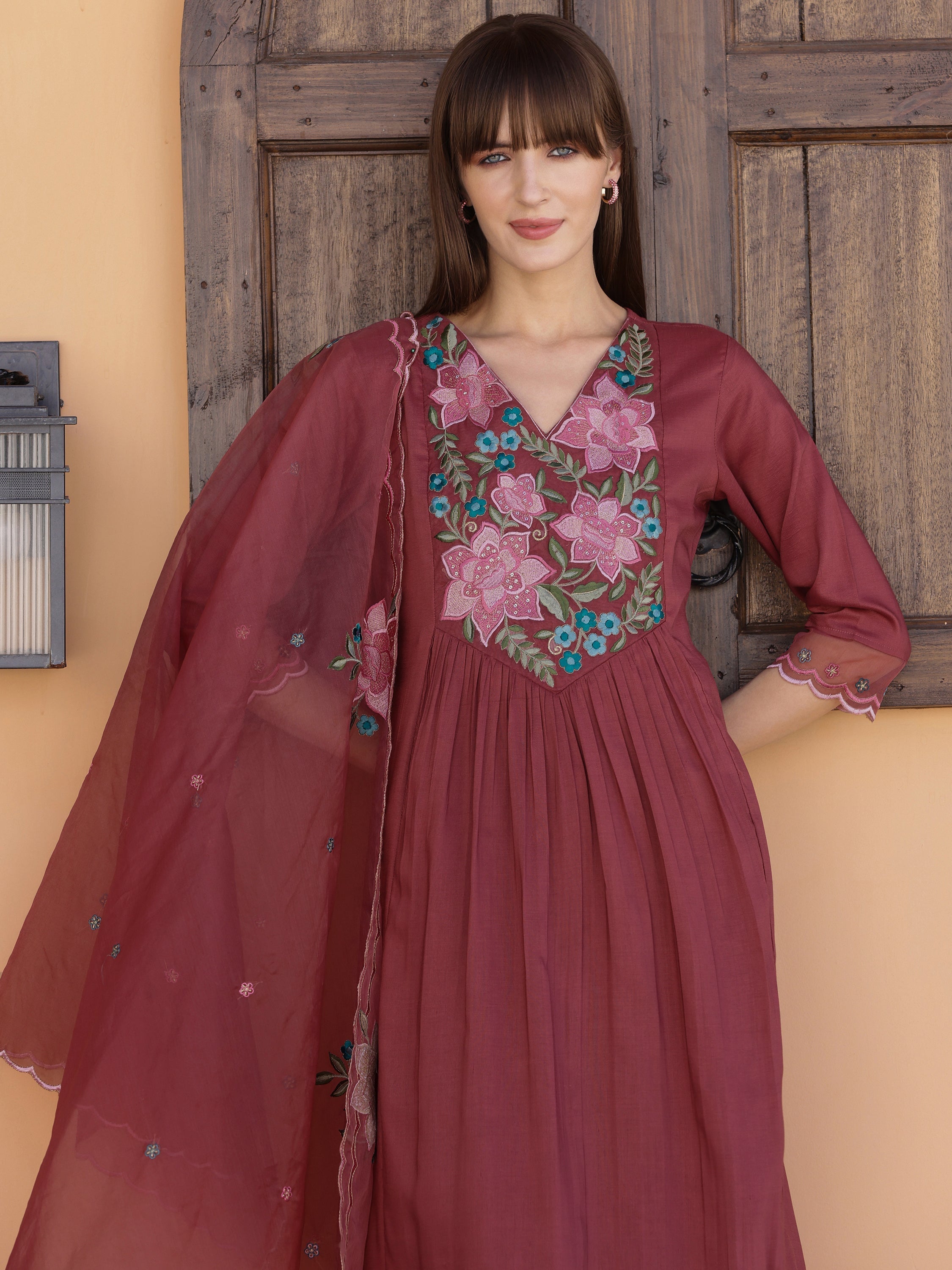 Aline Embroidered Kurta With Pant & Embroidered Dupatta, Rust - Hiral Fashion | Grocsy