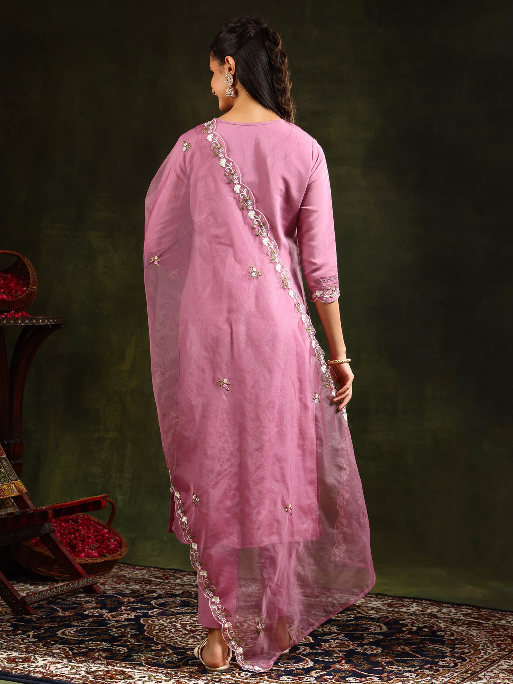 Embroidered Kurta With Pant & Organza Dupatta, Pink - Hiral Fashion | Grocsy