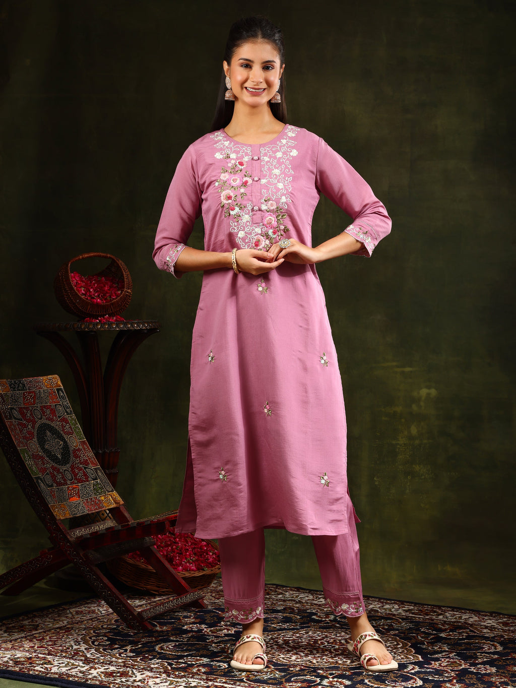 Embroidered Kurta With Pant & Organza Dupatta, Pink - Hiral Fashion | Grocsy
