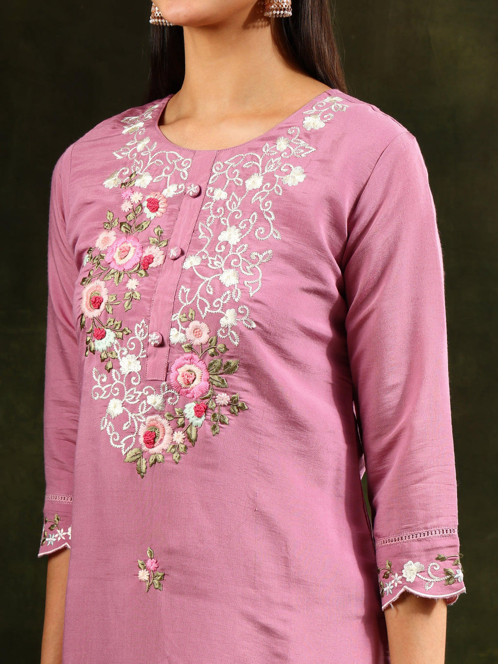 Embroidered Kurta With Pant & Organza Dupatta, Pink - Hiral Fashion | Grocsy