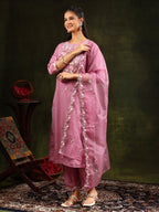 Embroidered Kurta With Pant & Organza Dupatta, Pink - Hiral Fashion | Grocsy