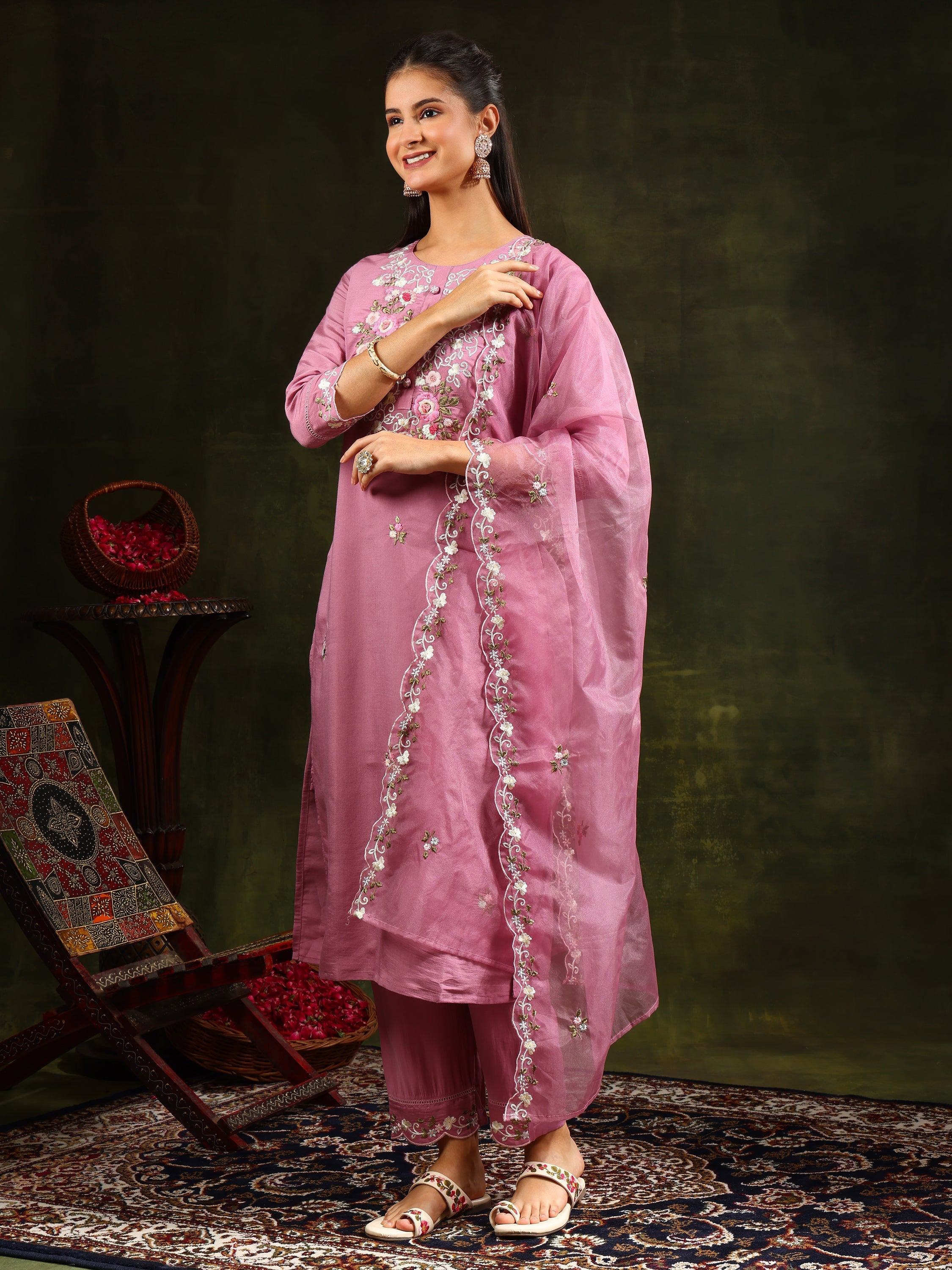 Embroidered Kurta With Pant & Organza Dupatta, Pink - Hiral Fashion | Grocsy