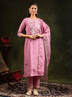 Embroidered Kurta With Pant & Organza Dupatta, Pink - Hiral Fashion | Grocsy