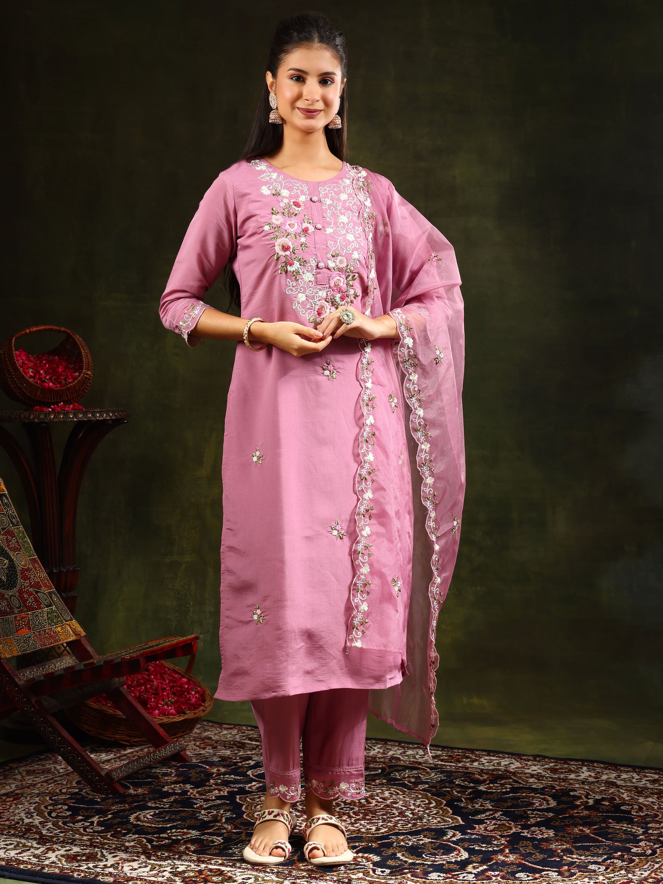 Embroidered Kurta With Pant & Organza Dupatta, Pink - Hiral Fashion | Grocsy