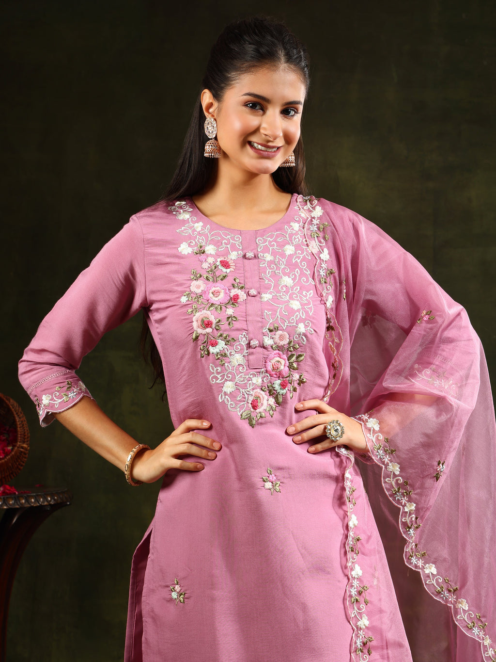 Embroidered Kurta With Pant & Organza Dupatta, Pink - Hiral Fashion | Grocsy