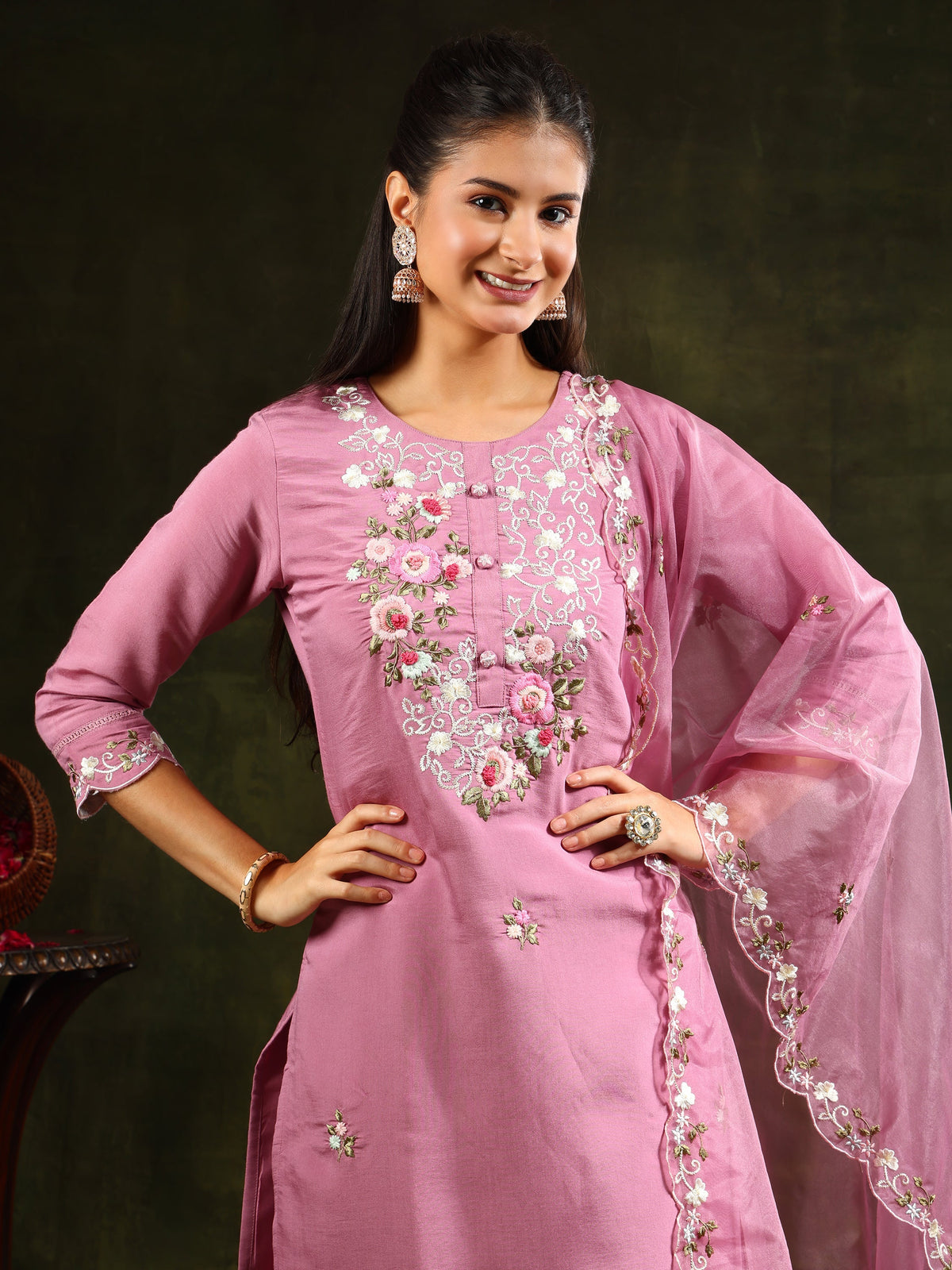 Embroidered Kurta With Pant & Organza Dupatta, Pink - Hiral Fashion | Grocsy