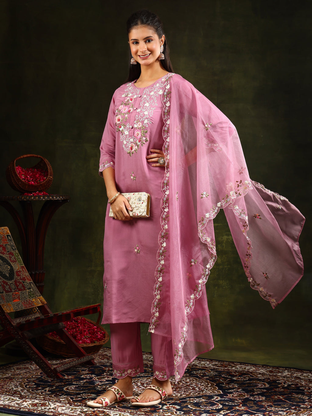 Embroidered Kurta With Pant & Organza Dupatta, Pink - Hiral Fashion | Grocsy