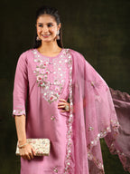 Embroidered Kurta With Pant & Organza Dupatta, Pink - Hiral Fashion | Grocsy