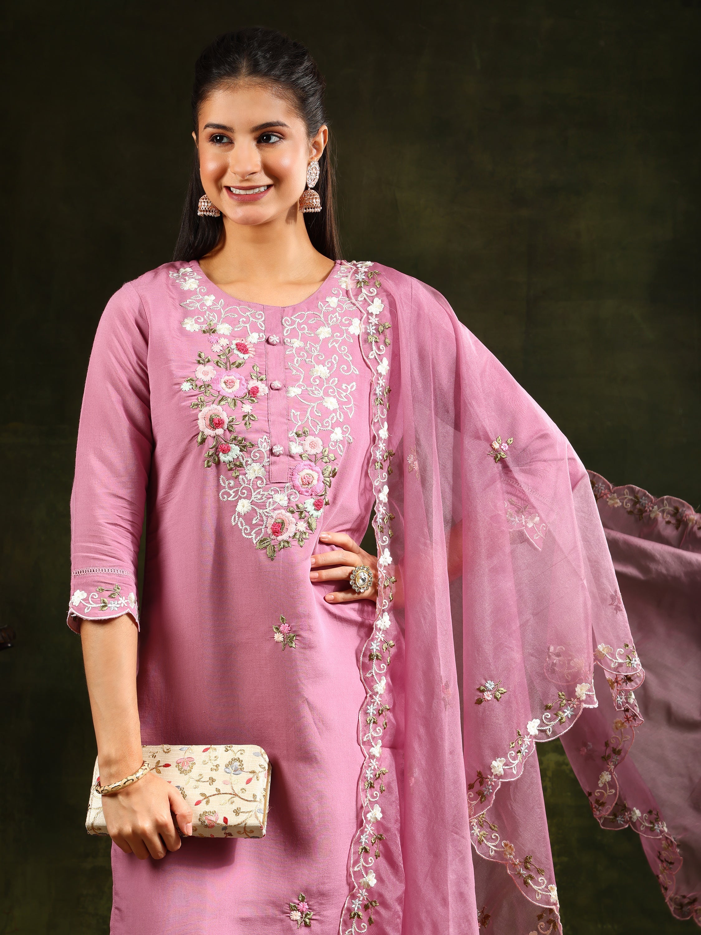Embroidered Kurta With Pant & Organza Dupatta, Pink - Hiral Fashion | Grocsy