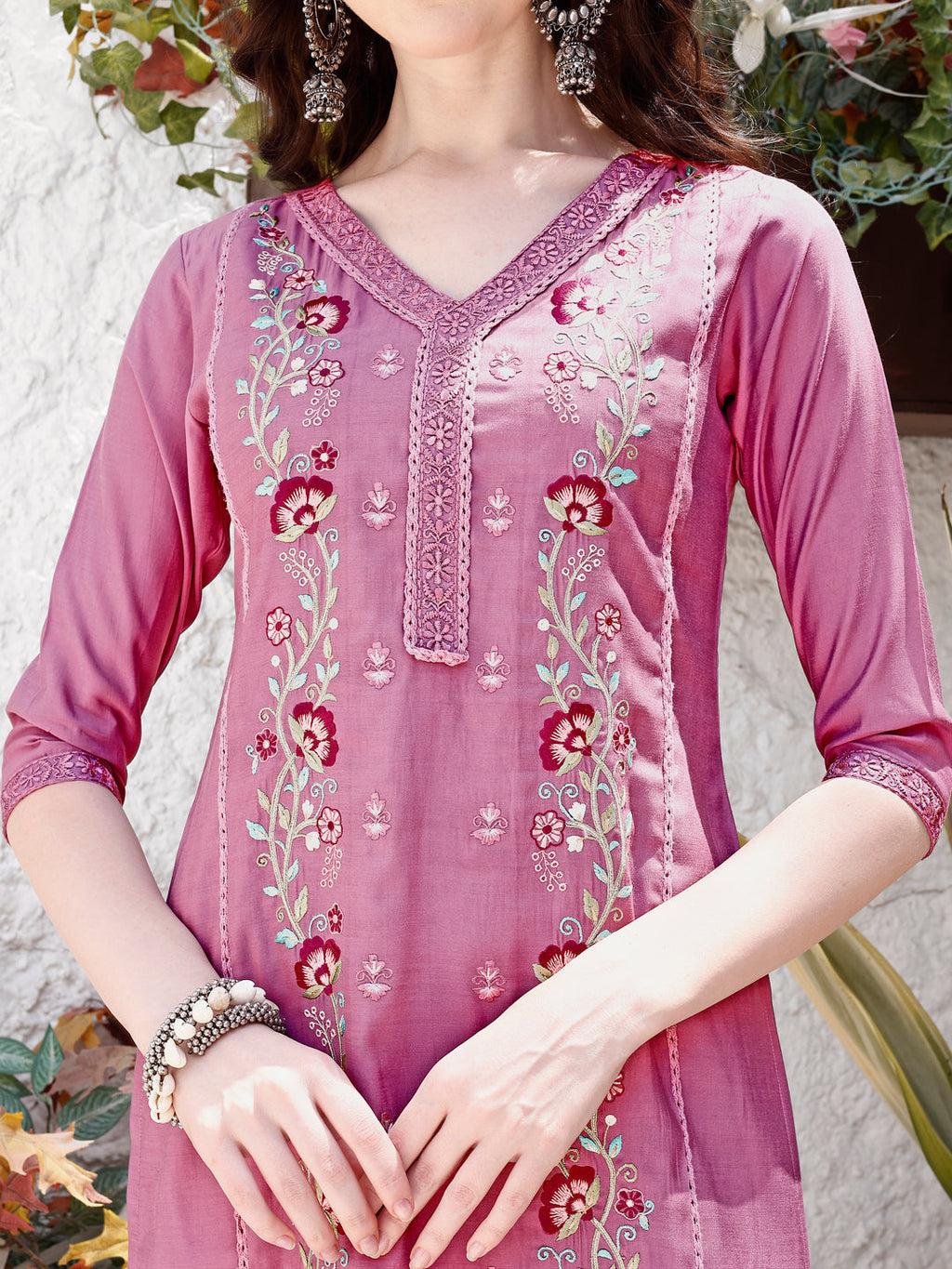 Embroidered Kurta With Pant & Organza Dupatta, Pink - Hiral Fashion | Grocsy