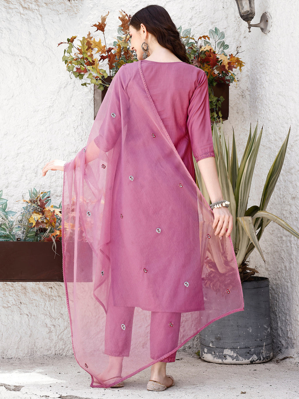 Embroidered Kurta With Pant & Organza Dupatta, Pink - Hiral Fashion | Grocsy