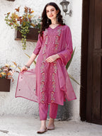 Embroidered Kurta With Pant & Organza Dupatta, Pink - Hiral Fashion | Grocsy