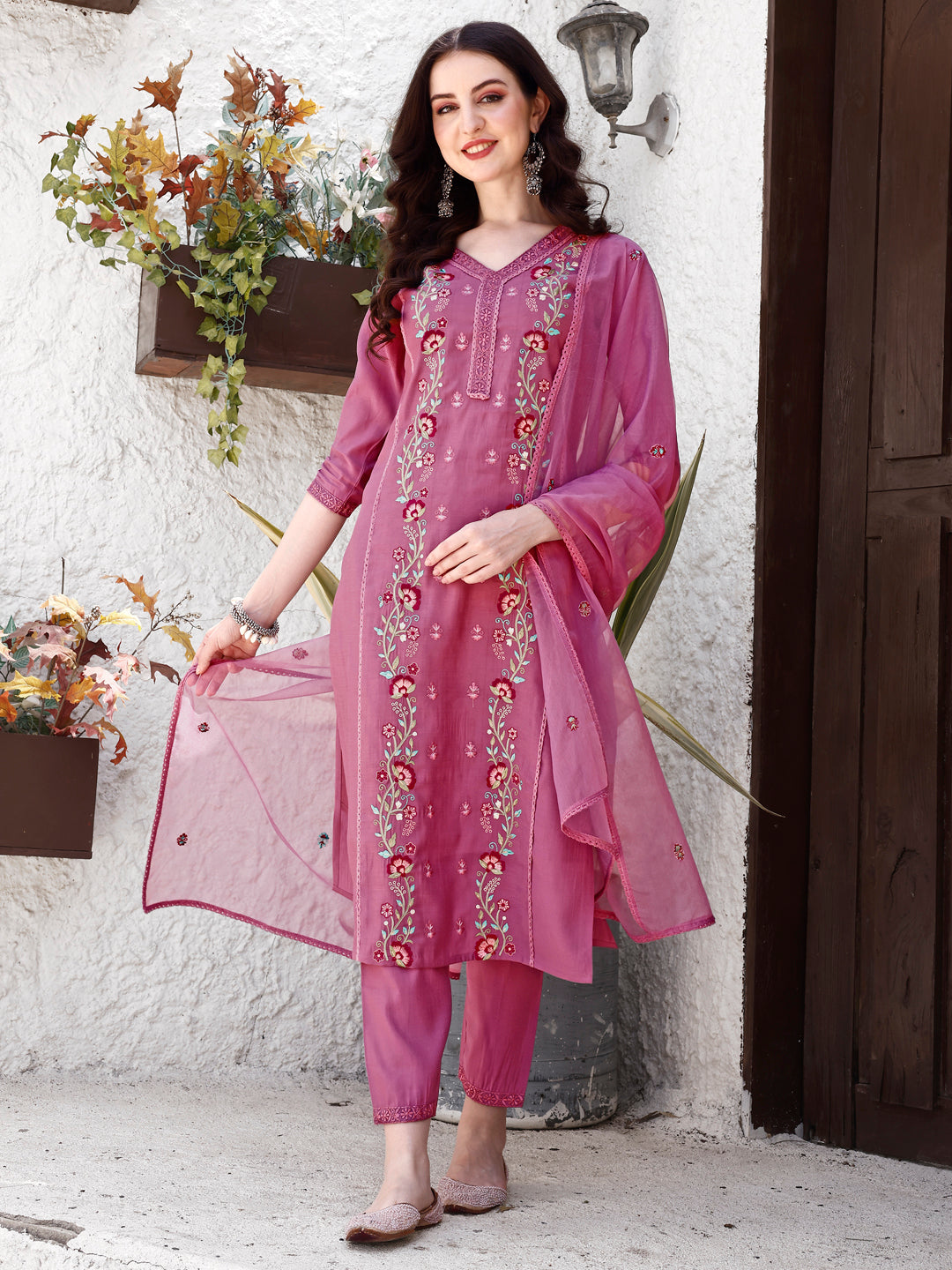 Embroidered Kurta With Pant & Organza Dupatta, Pink - Hiral Fashion | Grocsy