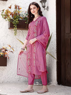 Embroidered Kurta With Pant & Organza Dupatta, Pink - Hiral Fashion | Grocsy