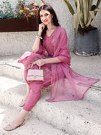 Embroidered Kurta With Pant & Organza Dupatta, Pink - Hiral Fashion | Grocsy