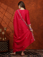 Embroidered Kurta With Pant & Embroidered Dupatta, Pink - Hiral Fashion | Grocsy