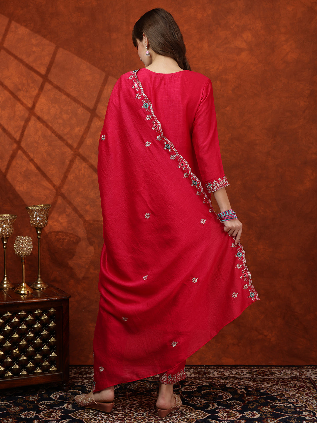 Embroidered Kurta With Pant & Embroidered Dupatta, Pink - Hiral Fashion | Grocsy
