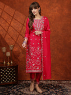 Embroidered Kurta With Pant & Embroidered Dupatta, Pink - Hiral Fashion | Grocsy