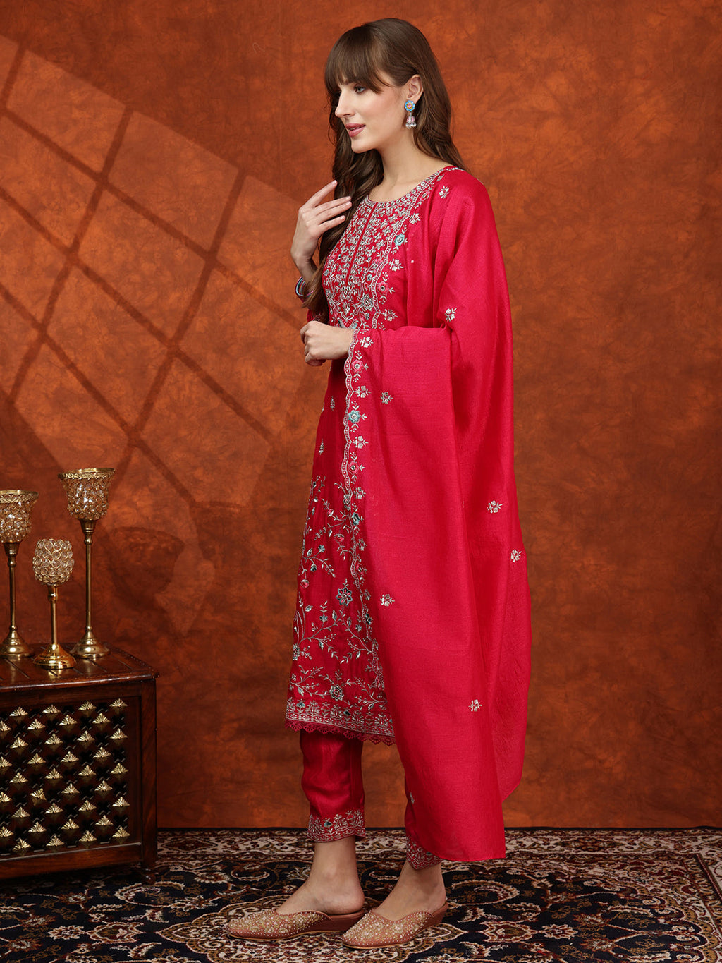 Embroidered Kurta With Pant & Embroidered Dupatta, Pink - Hiral Fashion | Grocsy