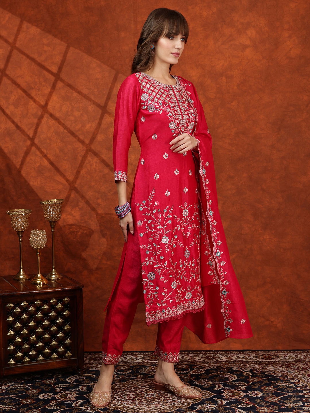 Embroidered Kurta With Pant & Embroidered Dupatta, Pink - Hiral Fashion | Grocsy