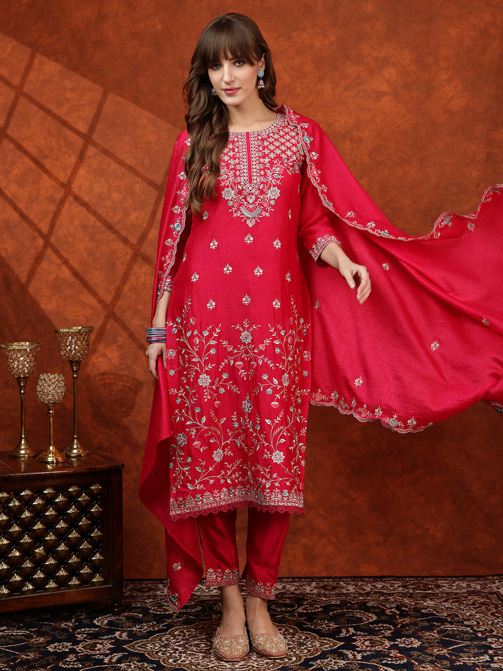 Embroidered Kurta With Pant & Embroidered Dupatta, Pink - Hiral Fashion | Grocsy