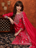 Embroidered Kurta With Pant & Embroidered Dupatta, Pink - Hiral Fashion | Grocsy
