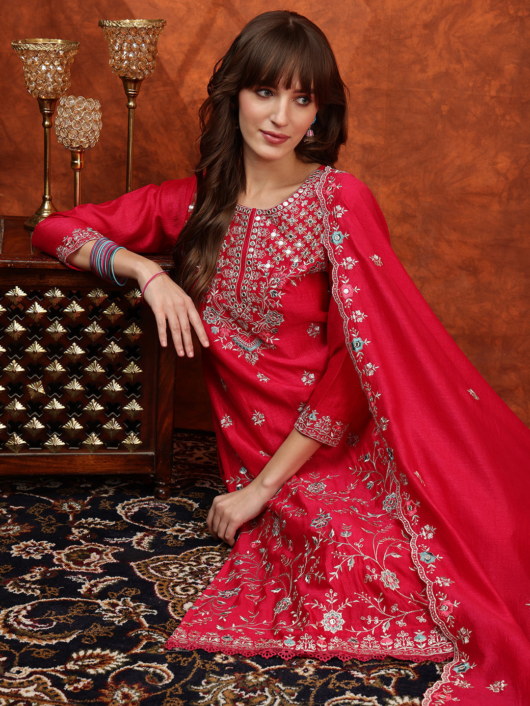 Embroidered Kurta With Pant & Embroidered Dupatta, Pink - Hiral Fashion | Grocsy