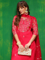 Hand Embroidered Kurta With Pant & Embroidered Dupatta, Pink - Hiral Fashion | Grocsy