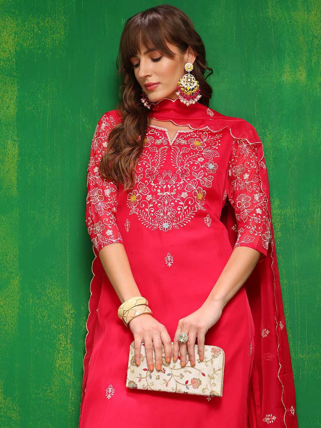 Hand Embroidered Kurta With Pant & Embroidered Dupatta, Pink - Hiral Fashion | Grocsy