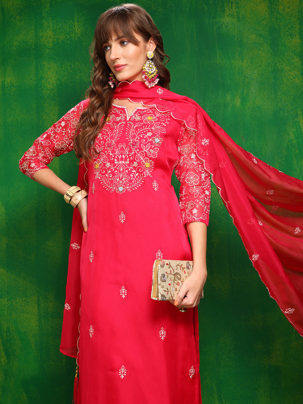 Hand Embroidered Kurta With Pant & Embroidered Dupatta, Pink - Hiral Fashion | Grocsy