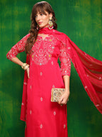 Hand Embroidered Kurta With Pant & Embroidered Dupatta, Pink - Hiral Fashion | Grocsy