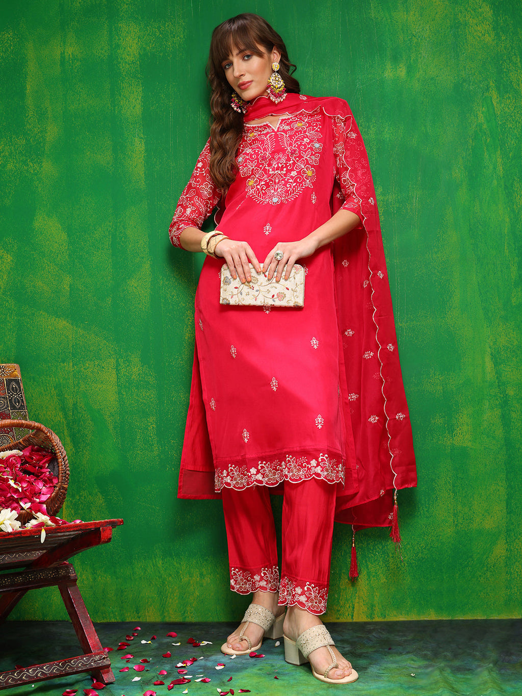 Hand Embroidered Kurta With Pant & Embroidered Dupatta, Pink - Hiral Fashion | Grocsy