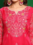Hand Embroidered Kurta With Pant & Embroidered Dupatta, Pink - Hiral Fashion | Grocsy
