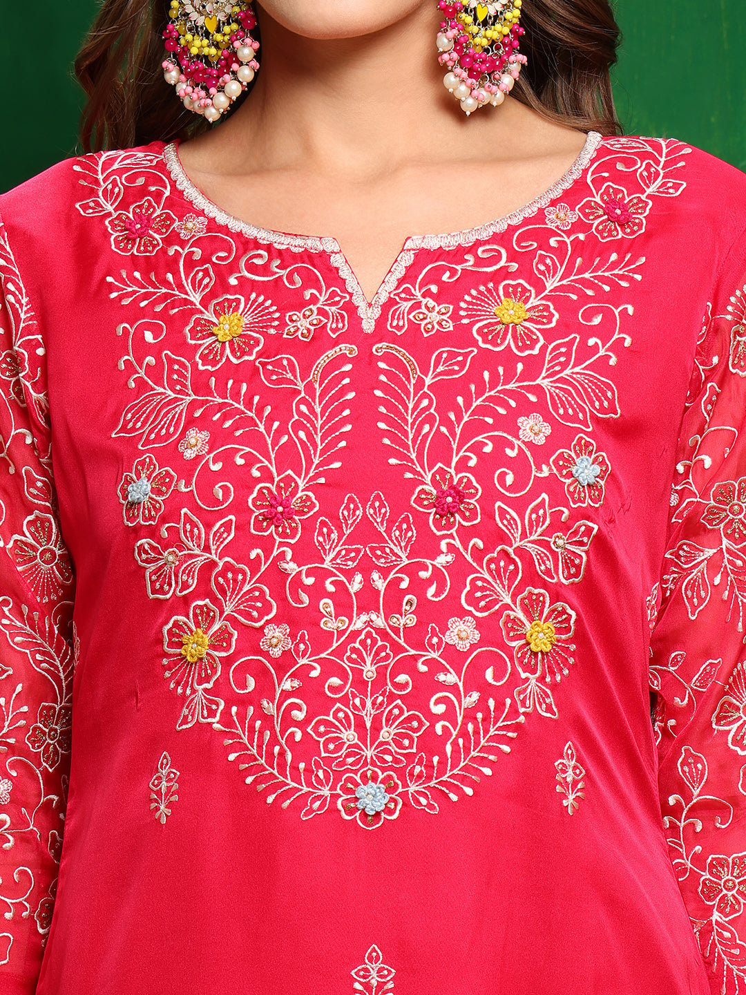 Hand Embroidered Kurta With Pant & Embroidered Dupatta, Pink - Hiral Fashion | Grocsy