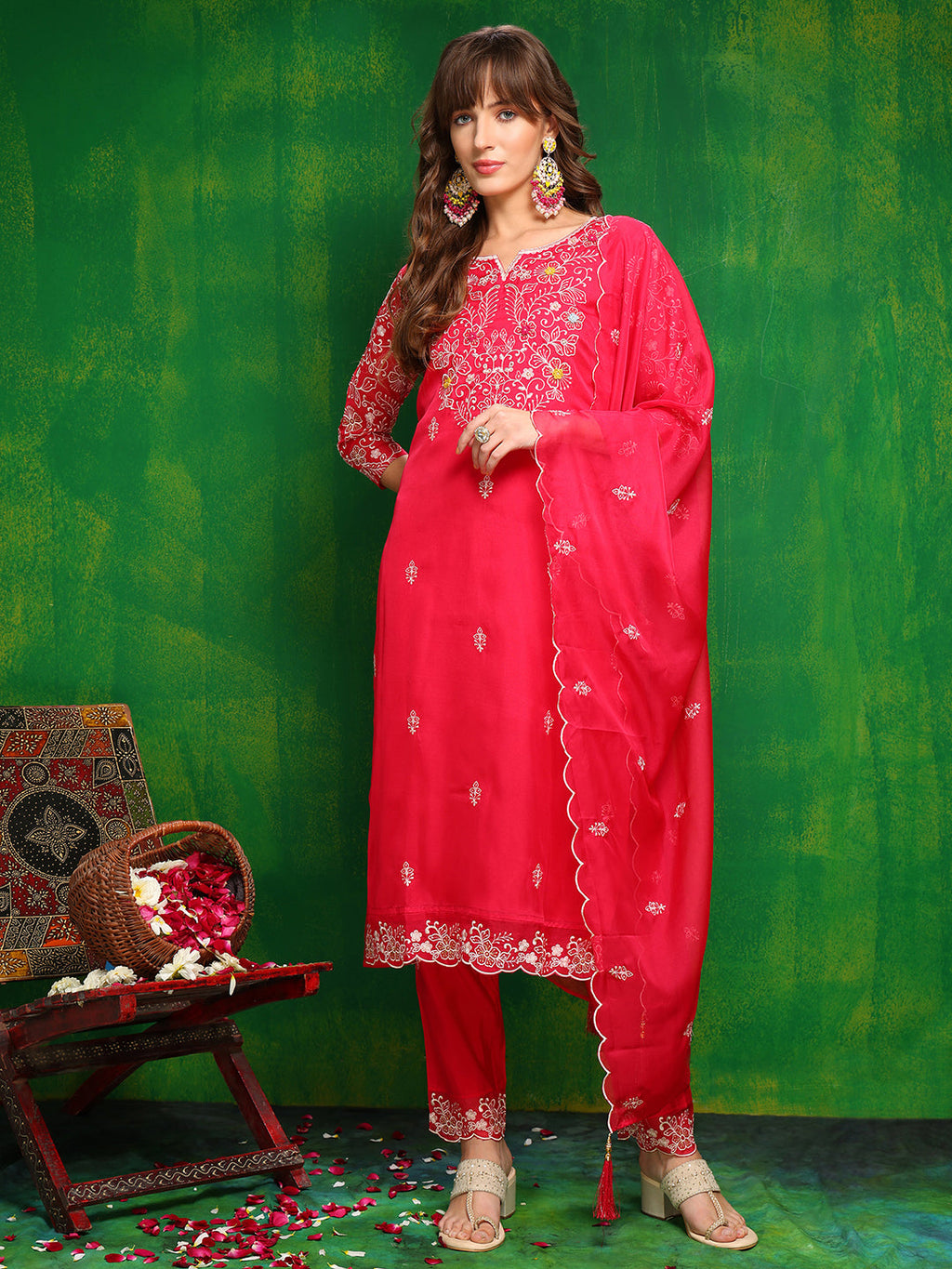 Hand Embroidered Kurta With Pant & Embroidered Dupatta, Pink - Hiral Fashion | Grocsy