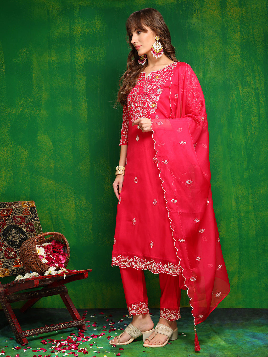 Hand Embroidered Kurta With Pant & Embroidered Dupatta, Pink - Hiral Fashion | Grocsy