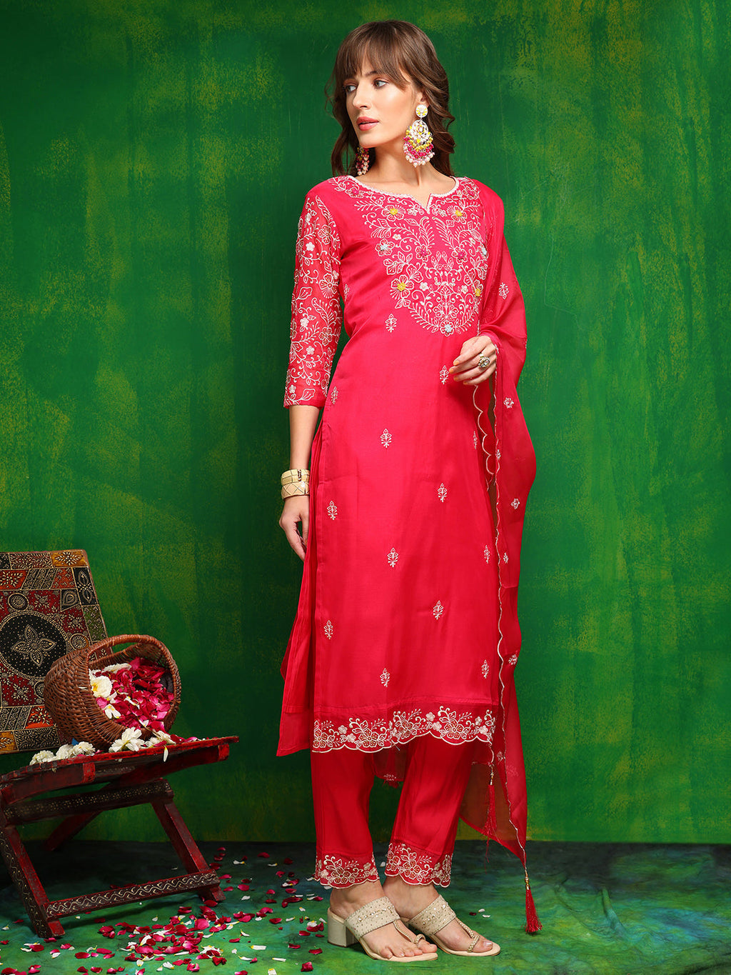 Hand Embroidered Kurta With Pant & Embroidered Dupatta, Pink - Hiral Fashion | Grocsy